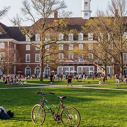 Urbana, Illinois, April 17, 2016 - Students are out on the Quad lawn of the University of Illinois college campus in Urbana Champaign